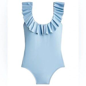 J Crew Blue Mist Ruffle Scoop Back One Piece Swimsuit